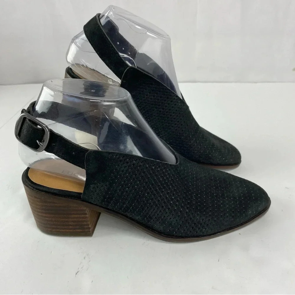 Lucky Brand Womens 6 LK - Lideton Perforated Black Leather Heel Buckle Back